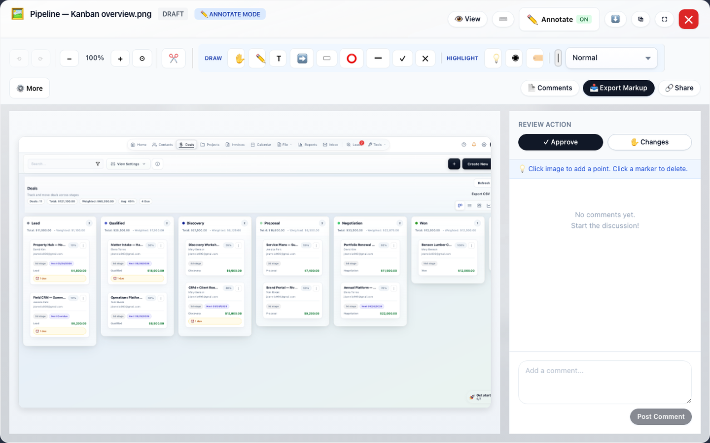 Annotation review mode on a client asset with approve and changes actions