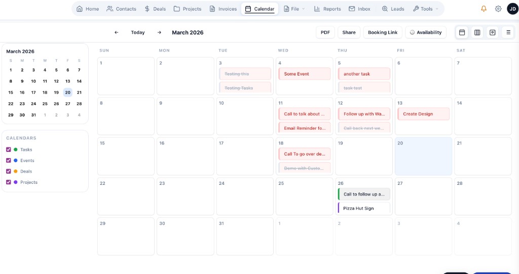 TotalDeal calendar showing deal-linked tasks and follow-ups