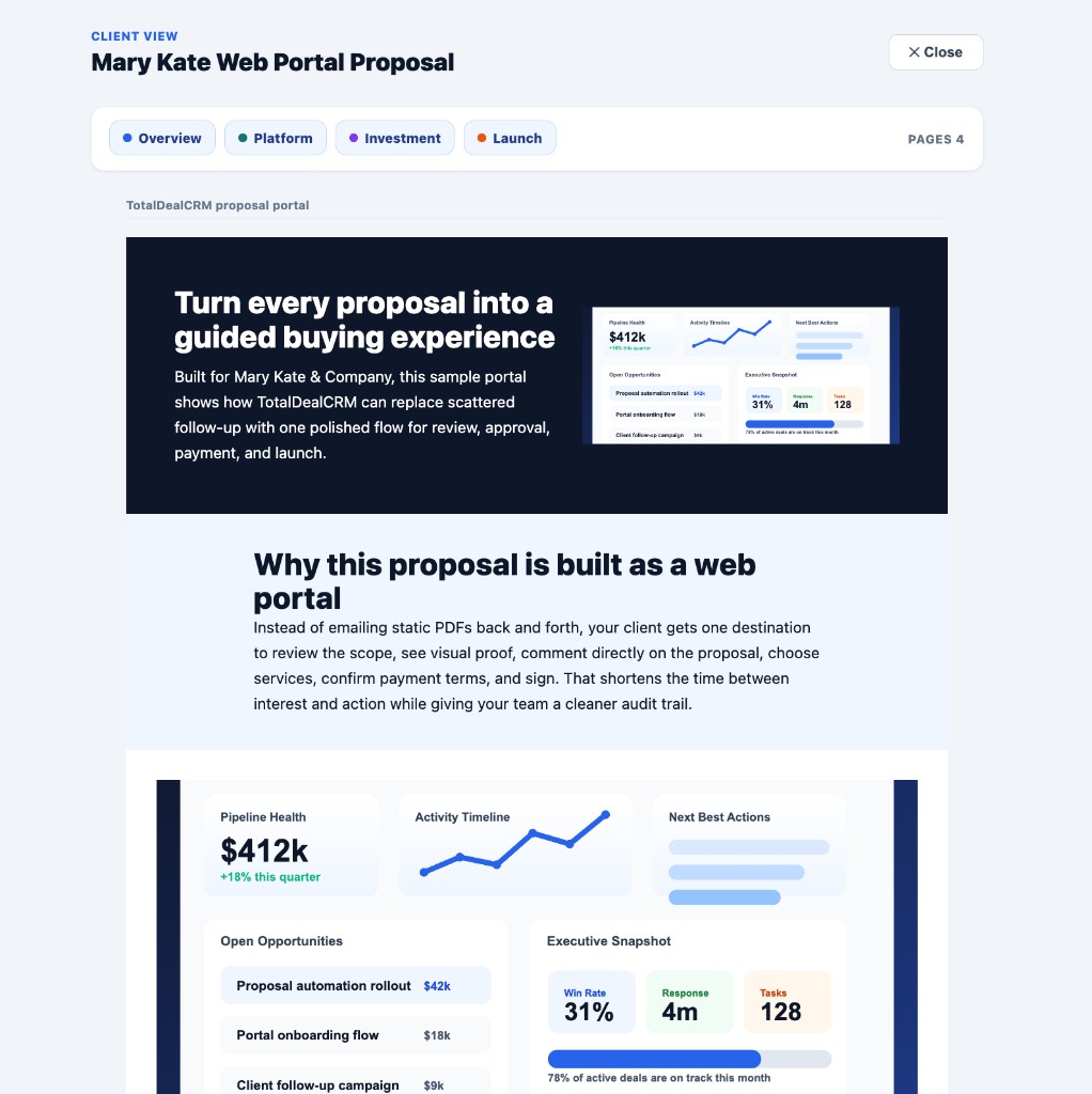 Client-facing proposal portal with overview tabs and proposal content