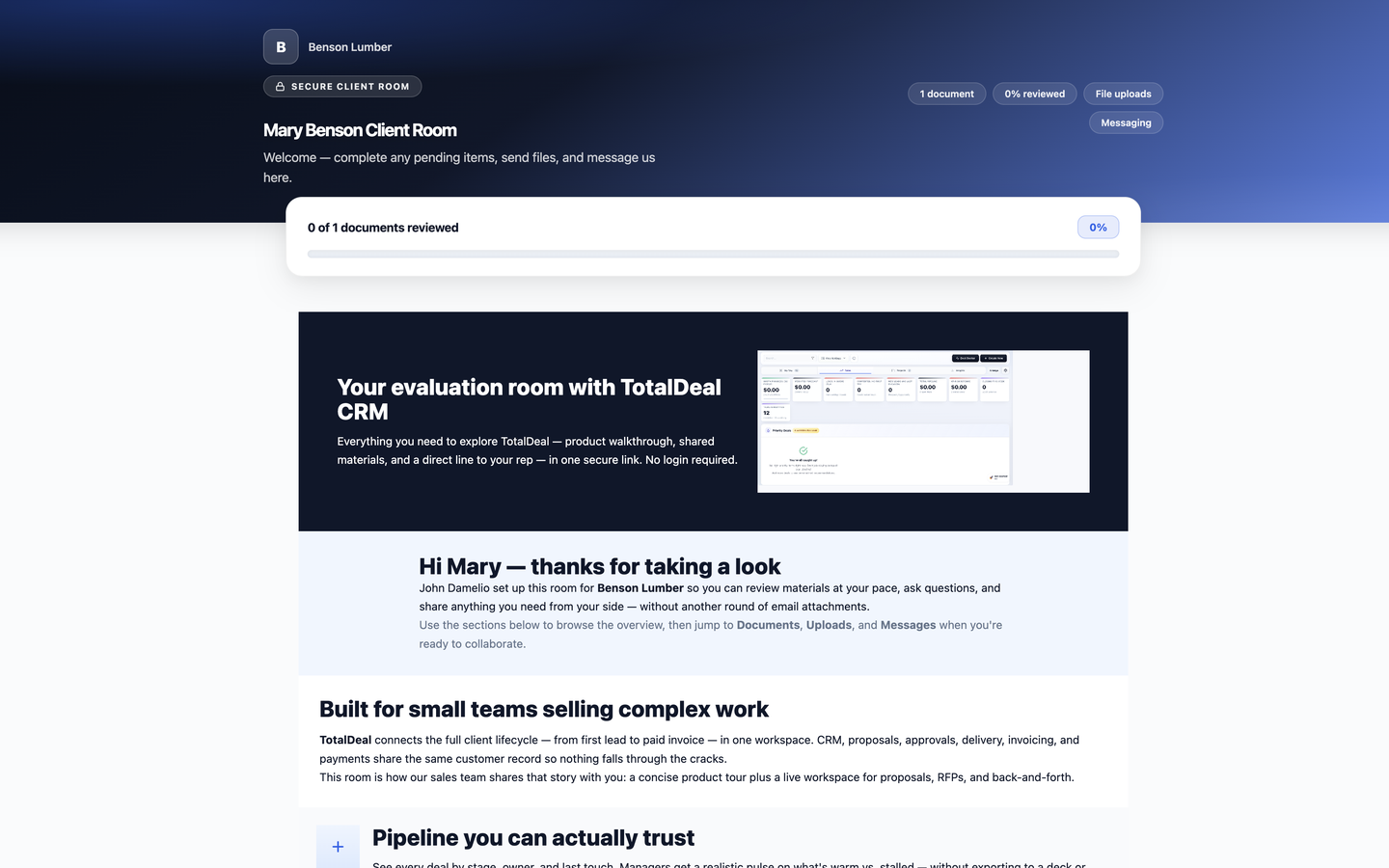 Mary Benson Client Room evaluation portal with hero and product overview