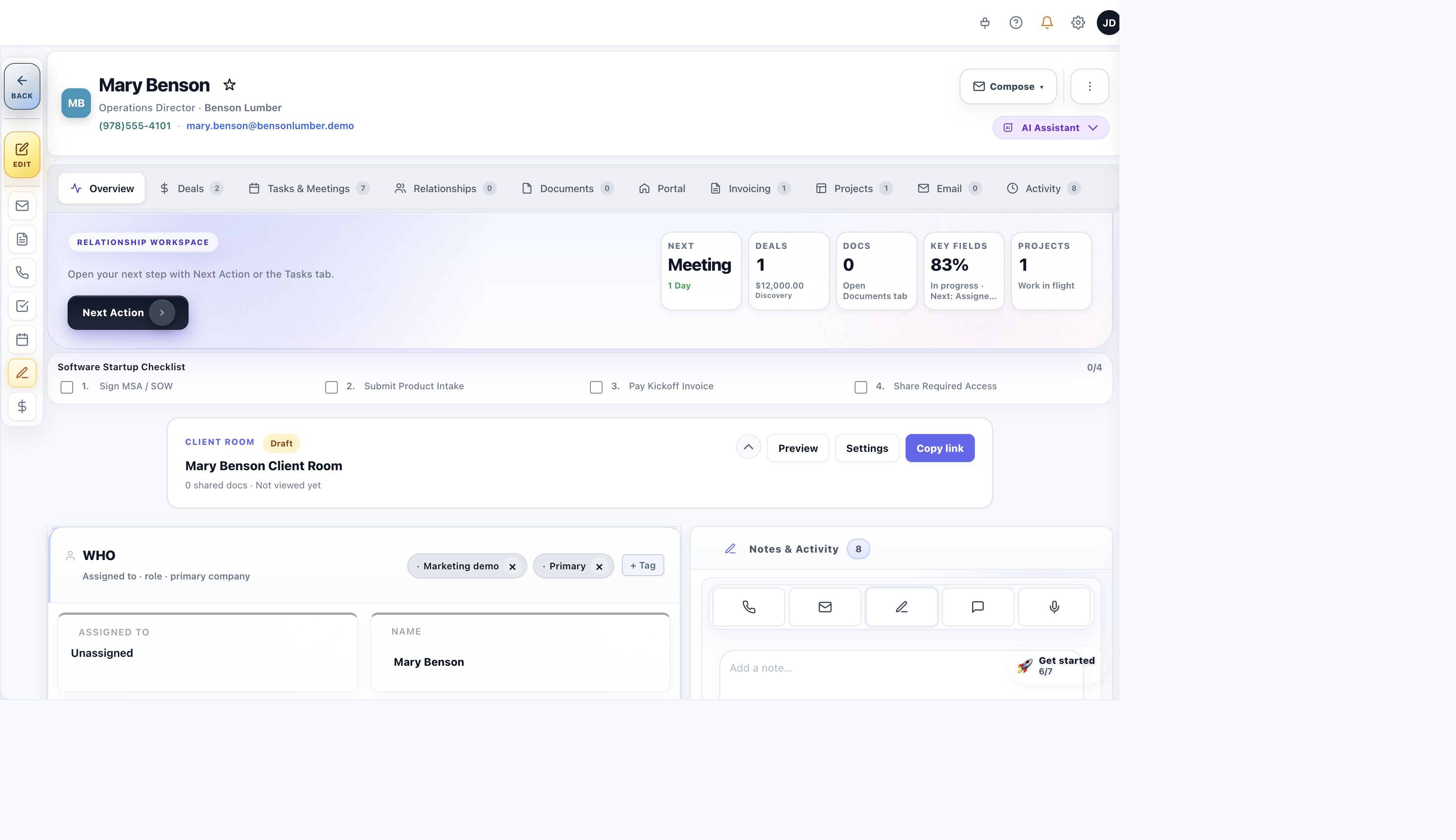 TotalDeal contact record showing company, linked deals, activity history, and open tasks