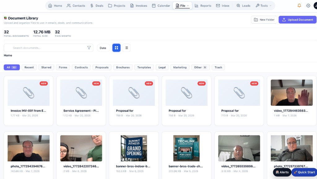 Document library with uploaded files, folders, and previews