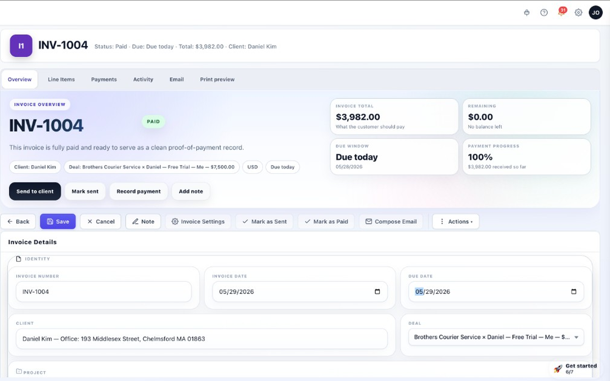Invoice composer with invoice preview and settings panel