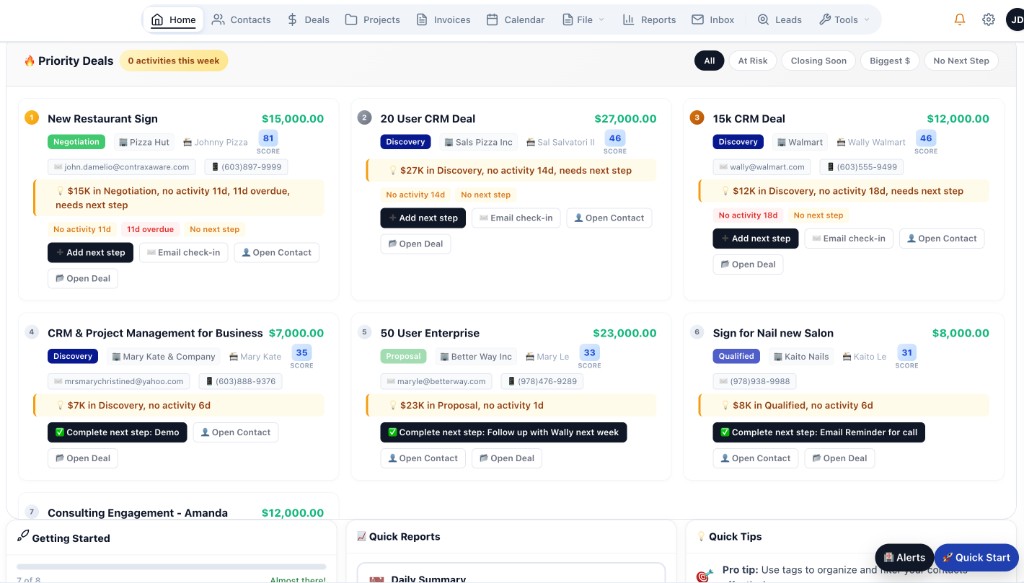 Priority deals board with AI-style scoring, risks, and next-step suggestions