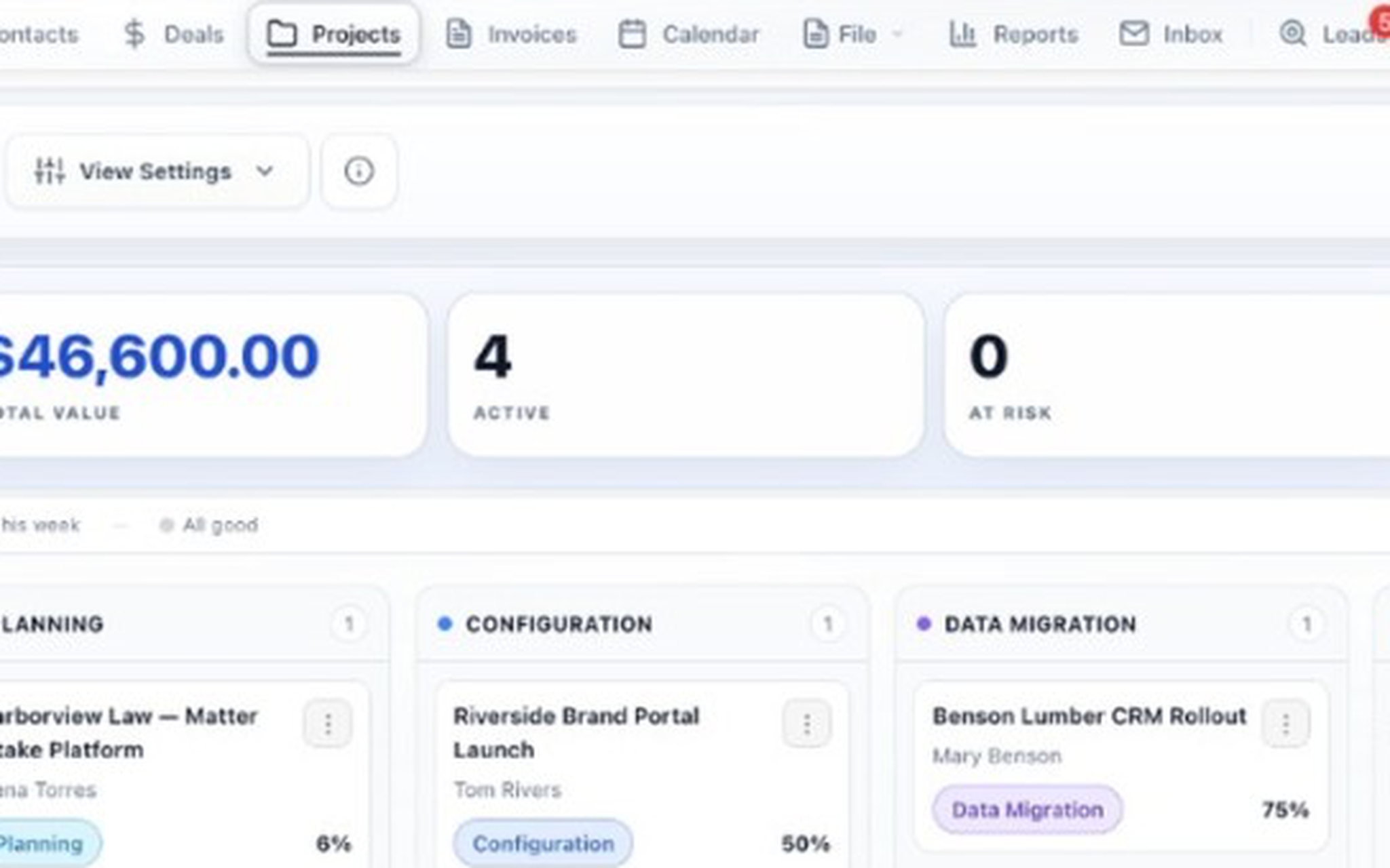 Project overview with project details, progress, next steps, and invoice action